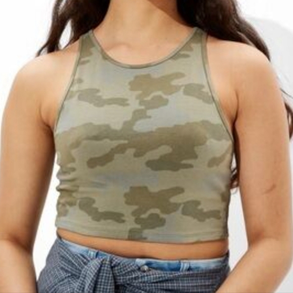 American Eagle Outfitters Tops - American Eagle Green Camo High Neck Cropped Tank Top Size XL